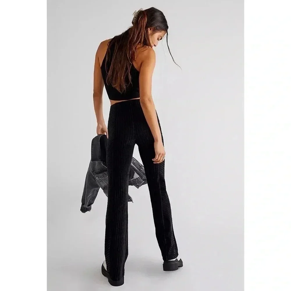 New Free People Slim Pull-On Velvet Flare Pants Black XS